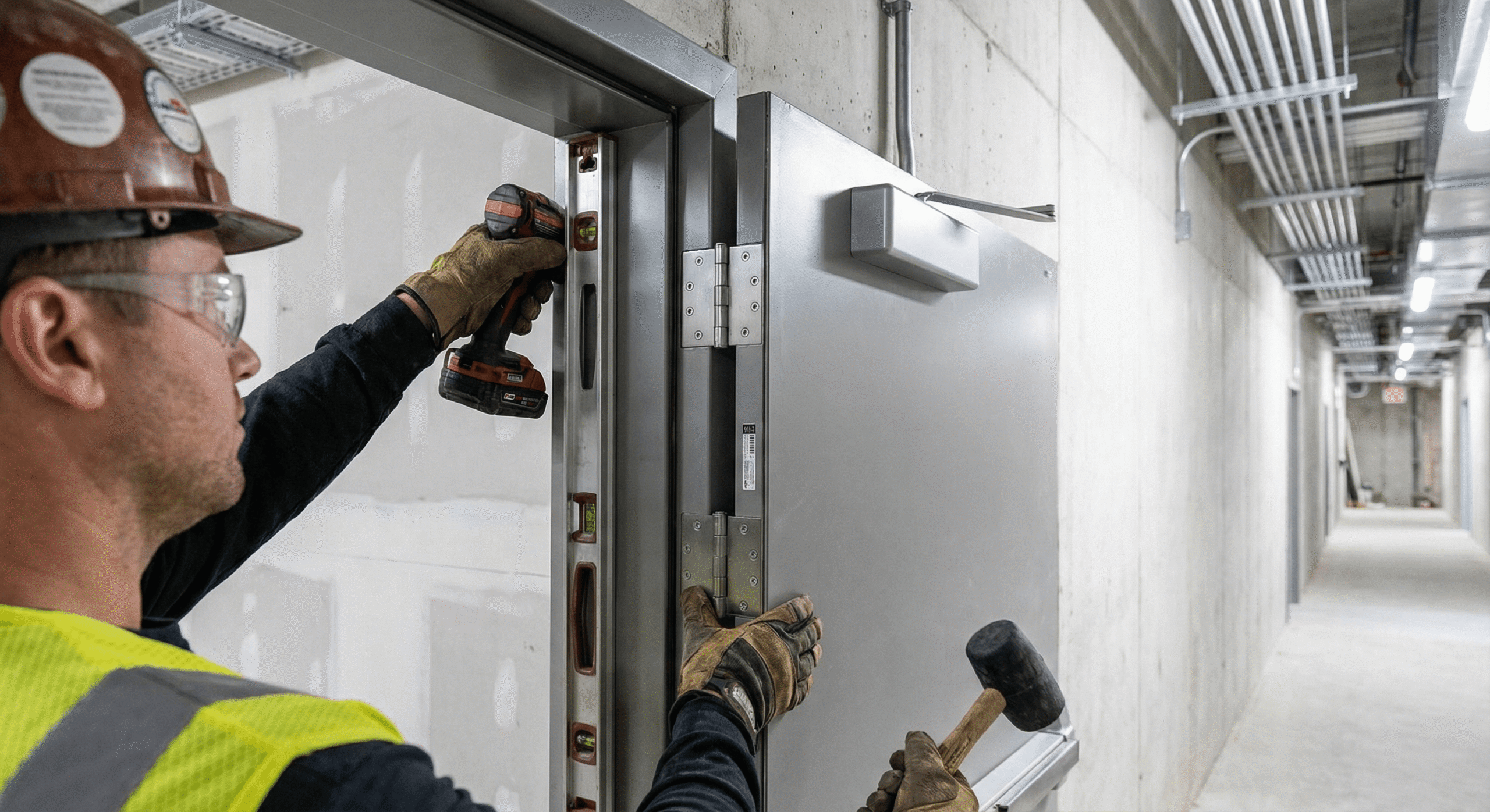 A technician installing a fire door fits a heavy-duty metal door in a concrete hallway, using a power drill and holding a mallet.