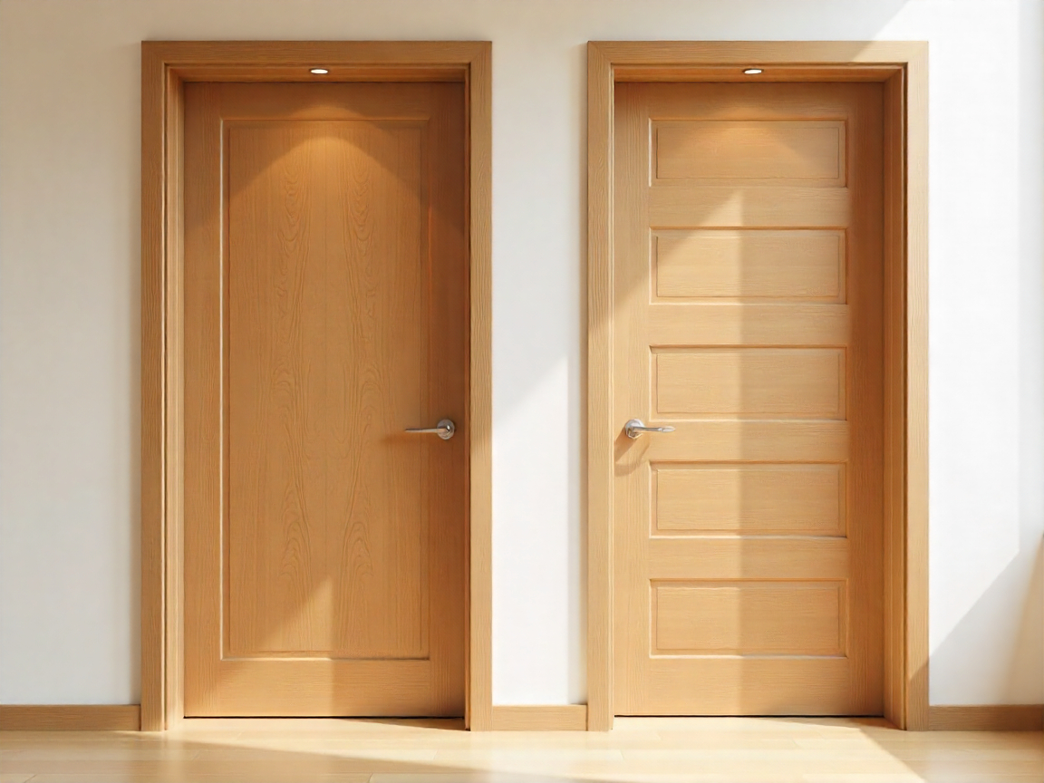 Two wooden doors side by side illustrate the difference between High Pressure Laminate vs Veneer Doors; each features unique panel designs, metal handles, and spotlights above to highlight their distinct craftsmanship.