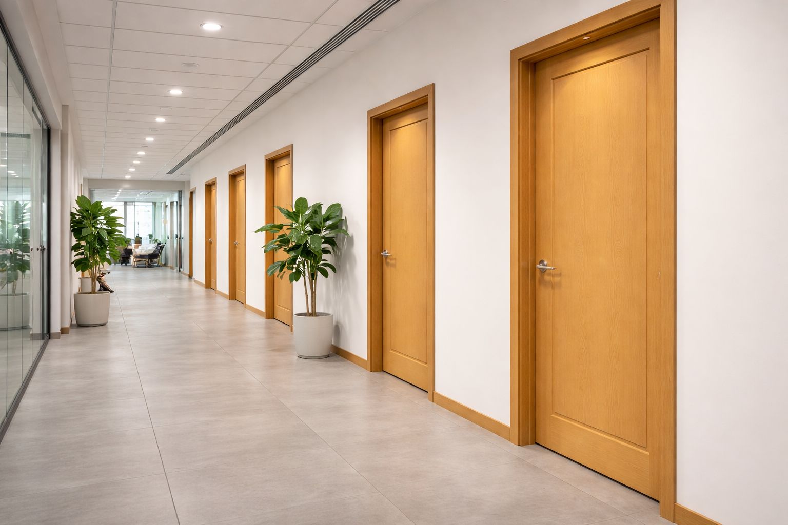 High pressure laminate doors installed in a busy office corridor
