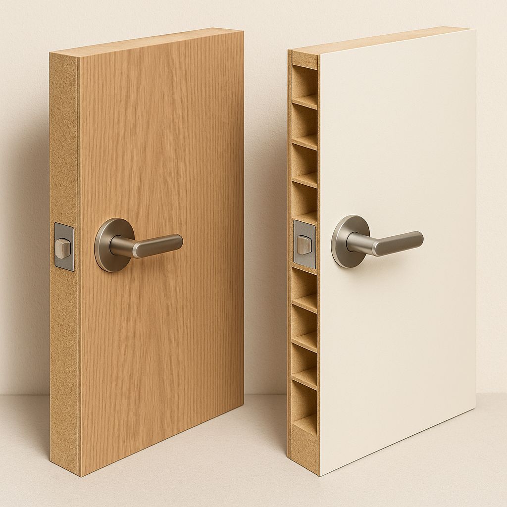 Comparison of solid and hollow core doors showing differences in thickness and construction