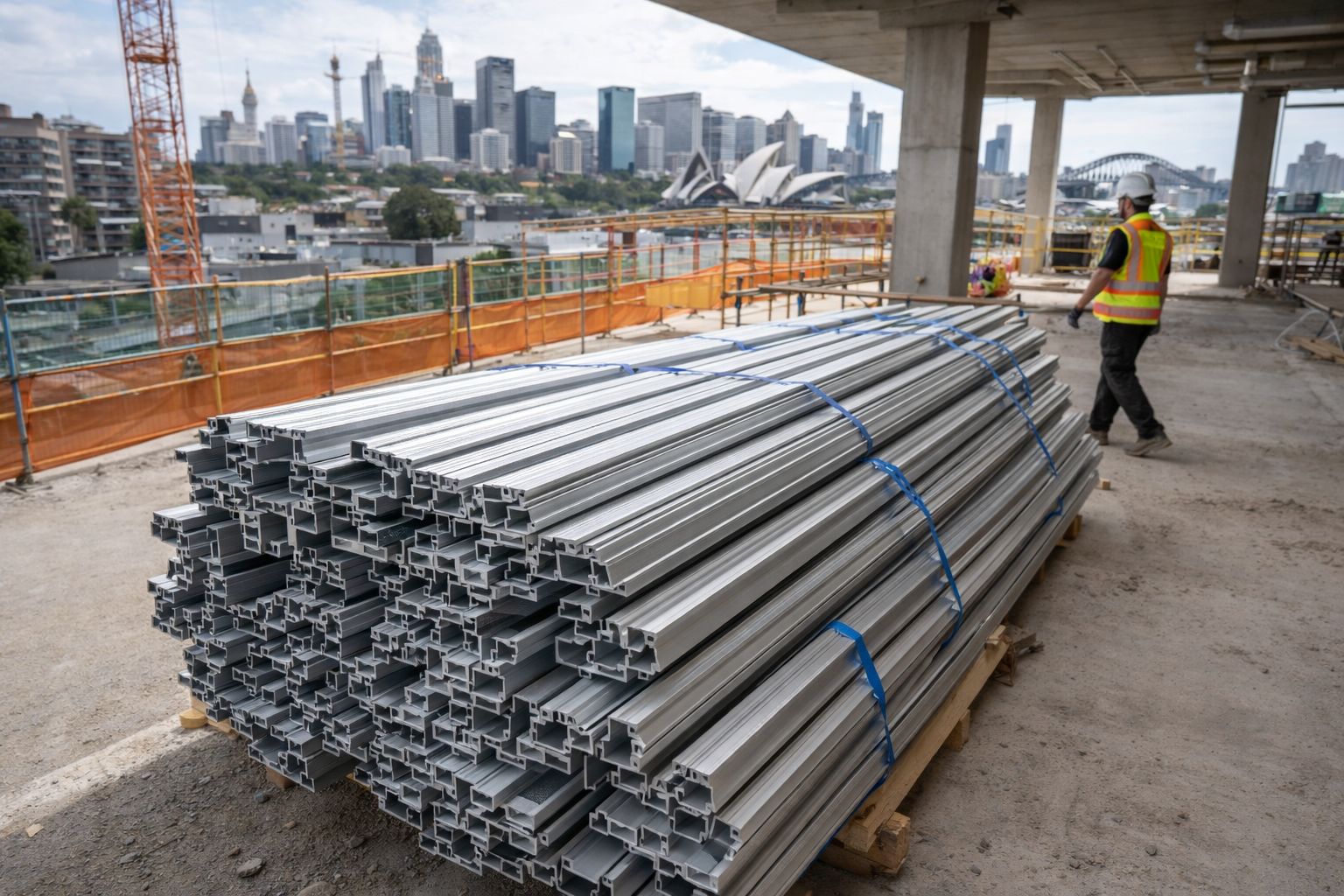 CNC-profiled frames prepared for installation on a Sydney construction site.