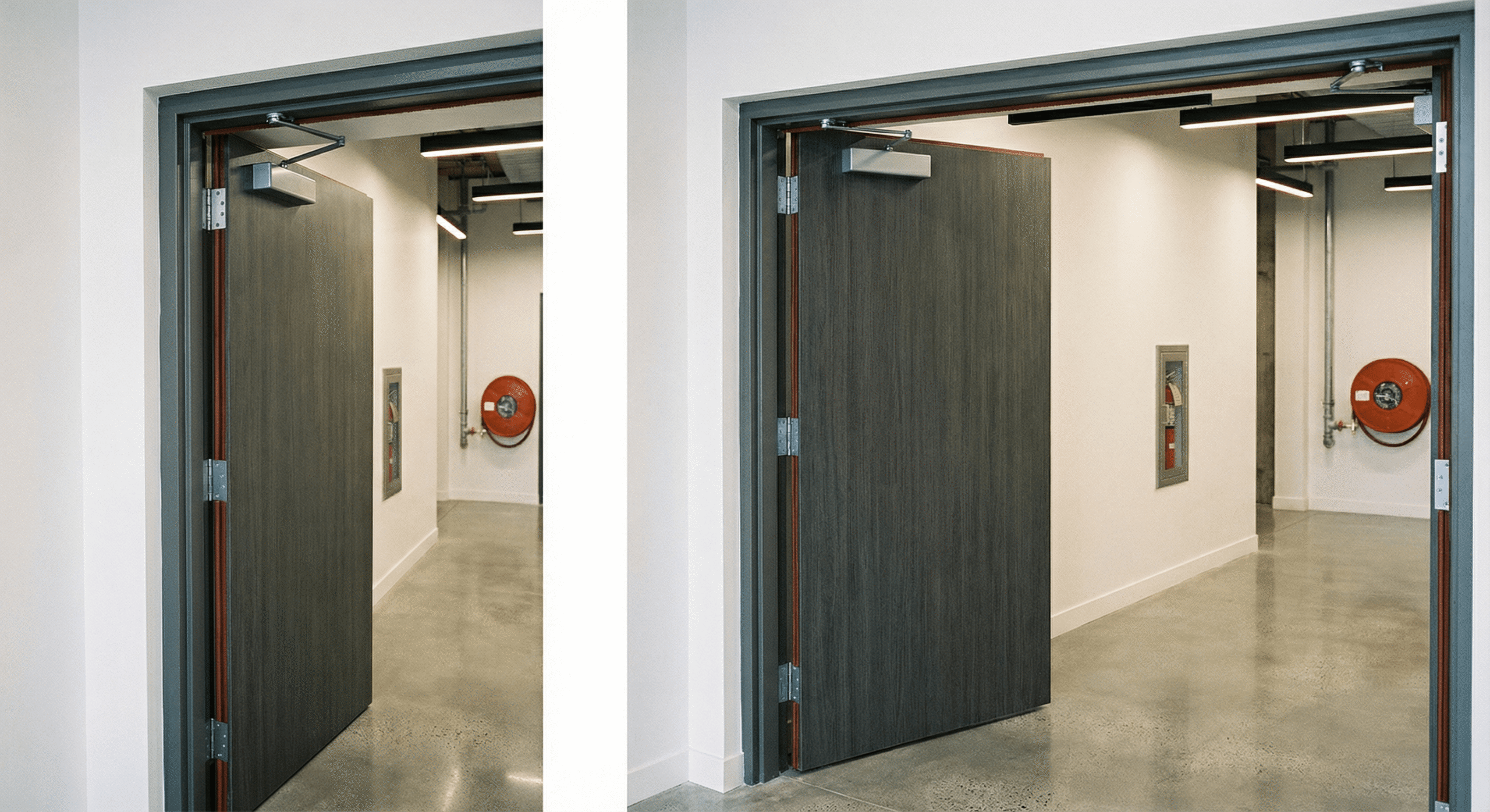 Two adjacent corridors with open dark wooden doors, polished concrete floors and wall-mounted fire hose reels inside each corridor are visible, reflecting the commitment to fire door compliance in the North Shore