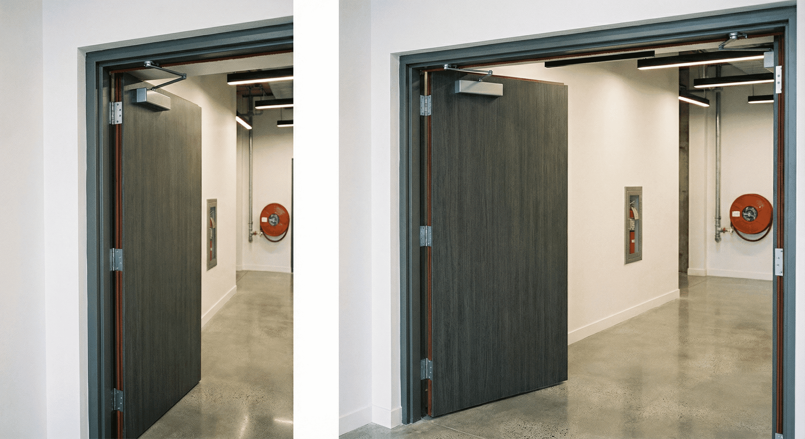 Two adjacent corridors with open dark wooden doors, polished concrete floors and wall-mounted fire hose reels inside each corridor are visible, reflecting the commitment to fire door compliance in the Western Sydney.