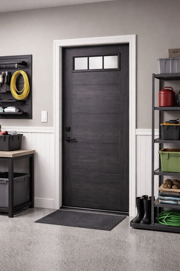 Black garage fire door with three windows, storage shelves, bins, tools, and black boots on gray mat.